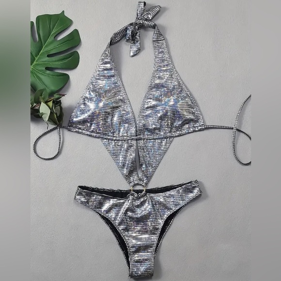 Silver Halter Plunging Neck Monokini - Picture 4 of 8